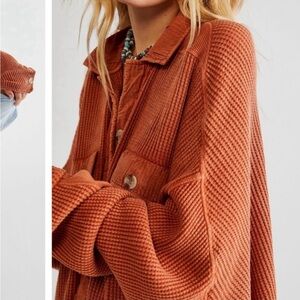 Free People One Scout Waffle Knit Button‑Down Shirt (Burnt Orange) small